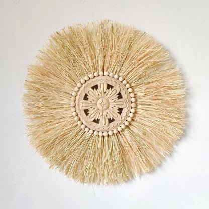 Wall Decor Boho Handmade Woven Straw Moroccan Wood Bead Hanging Ornament 45x45cm