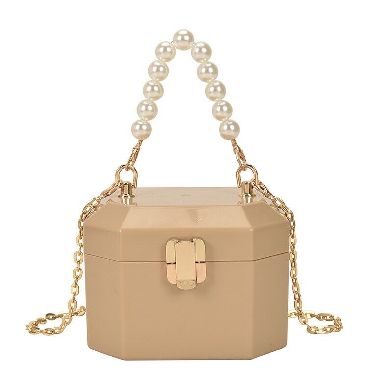 Box Handbags Women Pearl Beads Decor Lock Chain Shoulder Bag Purses Bag