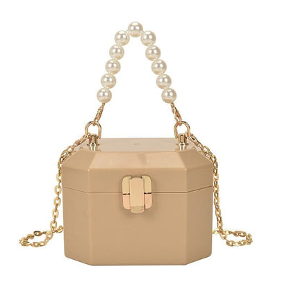 Box Handbags Women Pearl Beads Decor Lock Chain Shoulder Bag Purses Bag