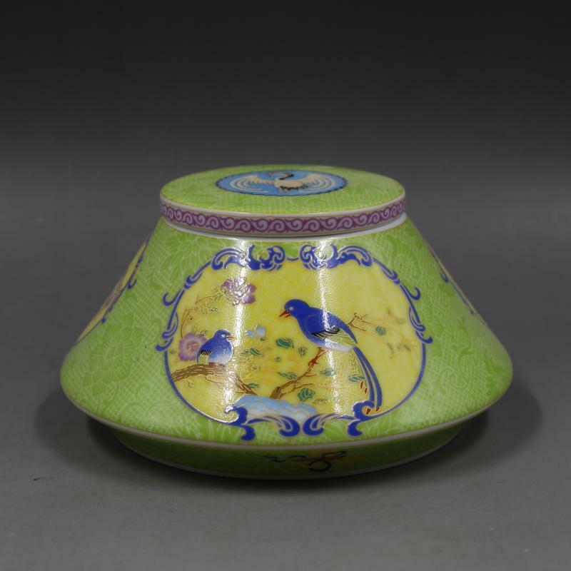 5.43"Chinese Green Enamel Porcelain Qing Yongzheng Flower Bird Design Tea Caddy