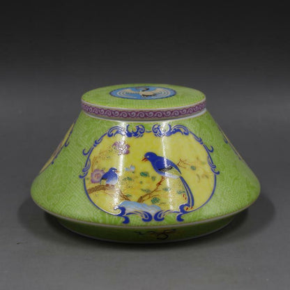 5.43"Chinese Green Enamel Porcelain Qing Yongzheng Flower Bird Design Tea Caddy