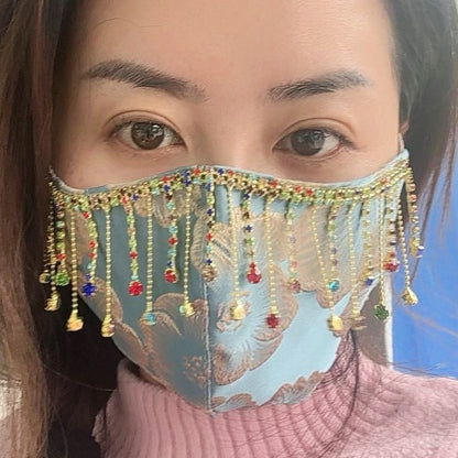 Vintage Ethnic Handmade Rhinestone Tassel Mask Jacquard Breathable Face Cover