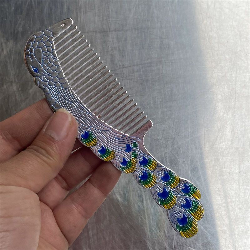 Tibetan Silver Plated Peacock Comb Engraved Handle Vintage Style Ornament