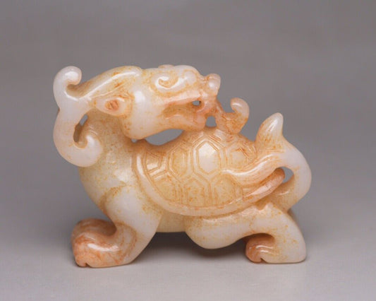 Collection China Hetian Jade Carved Dragon Turtle Statue Exquisite Figurine Art