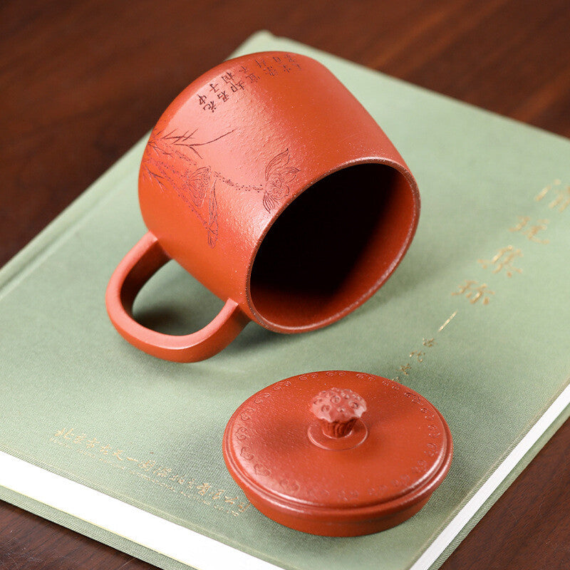 Full Handmade Tea Cup With Lid Handle Lotus Flower Carved Real Zisha Zhu Clay