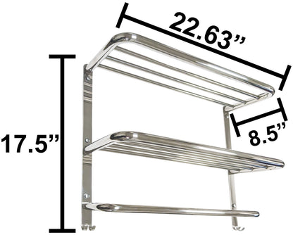 Silver 2-Tier Wall Mount Towel Rack w/ Towel Bar & Hooks, Wall Mount 22"×8"×17"