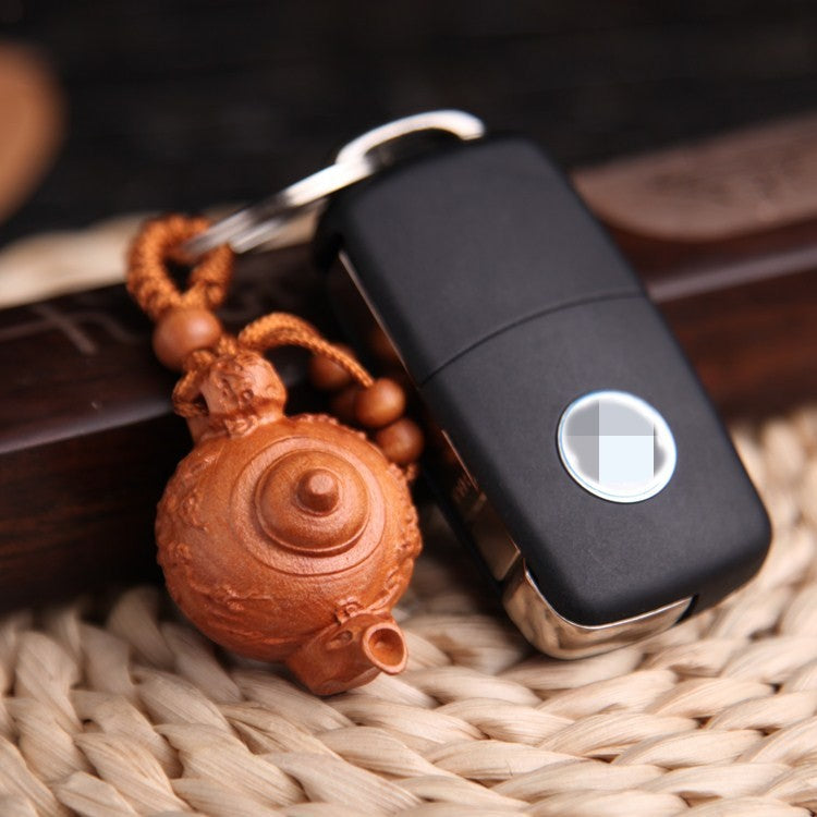 Plum Blossom Tea Pot Peach Wood Keychain Stereoscopic Car Keychain Pendant