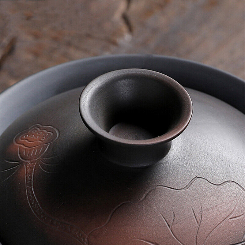 6.8oz Ceramic Pottery Gaiwan Lotus Flower Carved Tureen Covered Bowl Saucer Lid