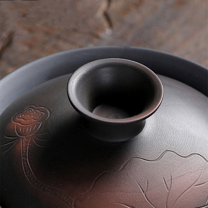 6.8oz Ceramic Pottery Gaiwan Lotus Flower Carved Tureen Covered Bowl Saucer Lid