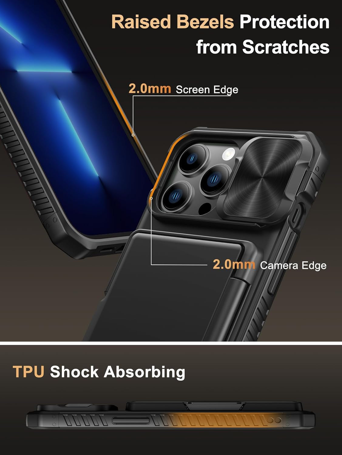 for Iphone 13 Pro Case with Card Holder (4 Cards) [RFID Blocking] & Slide Camera