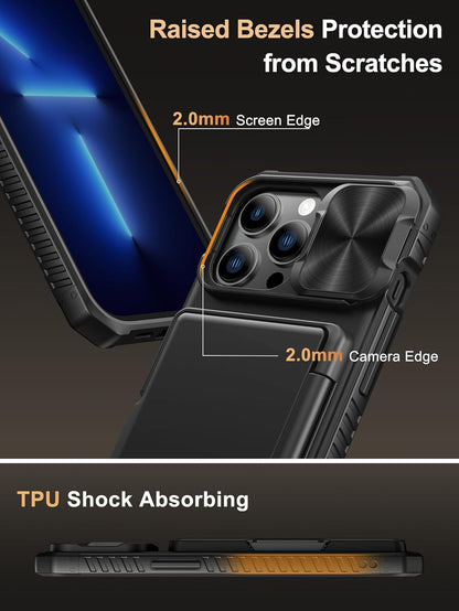 for Iphone 13 Pro Case with Card Holder (4 Cards) [RFID Blocking] & Slide Camera