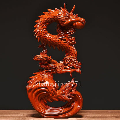 Feng Shui Dragon Statue Chinese Wood Figurine for Wealth & Luck Home Decor