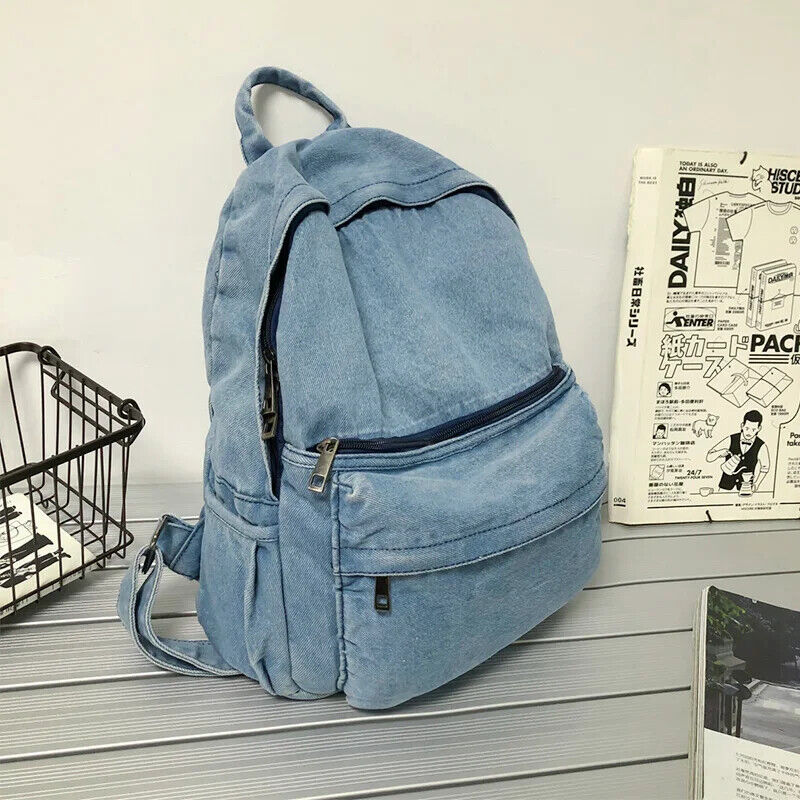 Gray Denim Backpack Women's Travel Shoulder Bag Schoolbags Suitable Boys Girls