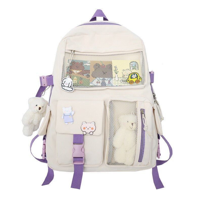 Buckle Badge Backpack Candy Color Fashion Cute Schoolbag Shoulder Bag 32*43*13CM