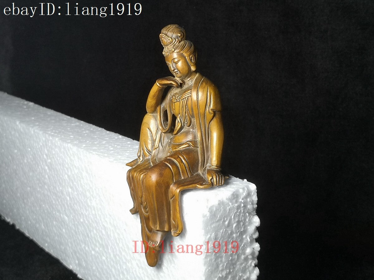 H 5 inch Old Chinese Boxwood Hand Carved Avalokitesvara Kwan-yin Buddha Statue