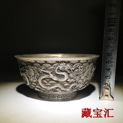 Chinese Collection copper dragon statue figure bowl table decoration Art