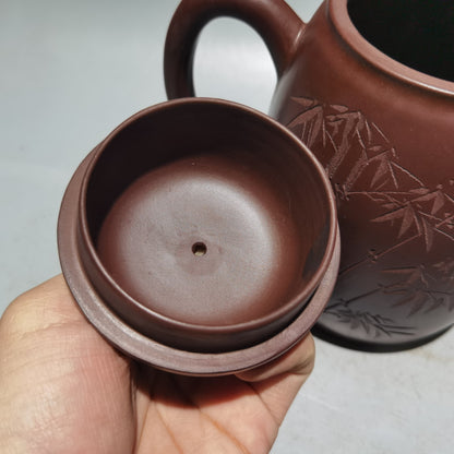 7.4"Chinese Yixing Zisha Pottery Old Purple Clay 460CC Bamboo Lettering Teapot