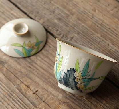 145ml Antique Hand Painted Gaiwan Tea Bowl Cup Orchid Kung Fu Tea Set Tureen