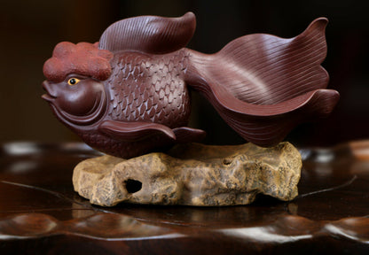 Chinese Yixing Handmade Zisha Purple Clay Goldfish Tea pet Fortune Shines Down