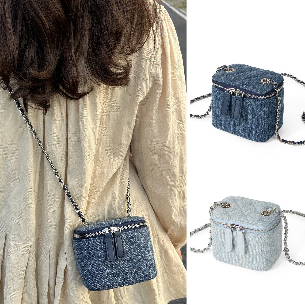 Mini Quilted Denim Shoulder Bag Vanity Case Purse Box Clutch Crossbody w/ Chain