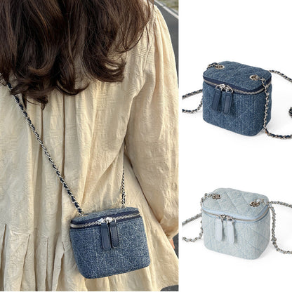 Mini Quilted Denim Shoulder Bag Vanity Case Purse Box Clutch Crossbody w/ Chain