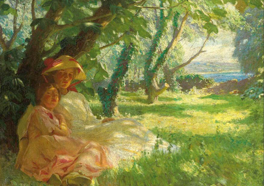 Dream-art Oil painting Harold-Knight-In-the-shade mother daughter in summer day