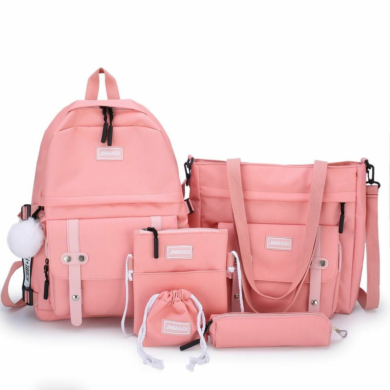 5 Pcs Sets School Bags Teenage Girls Women Backpacks Laptop Travel Bagpack Solid
