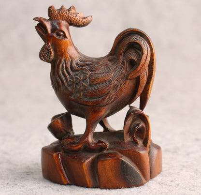 Rare Collection Chinese Boxwood Wood Carving cock Statue Wooden table decor