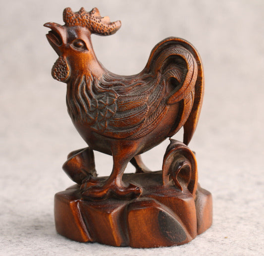 Rare Collection Chinese Boxwood Wood Carving cock Statue Wooden table decor
