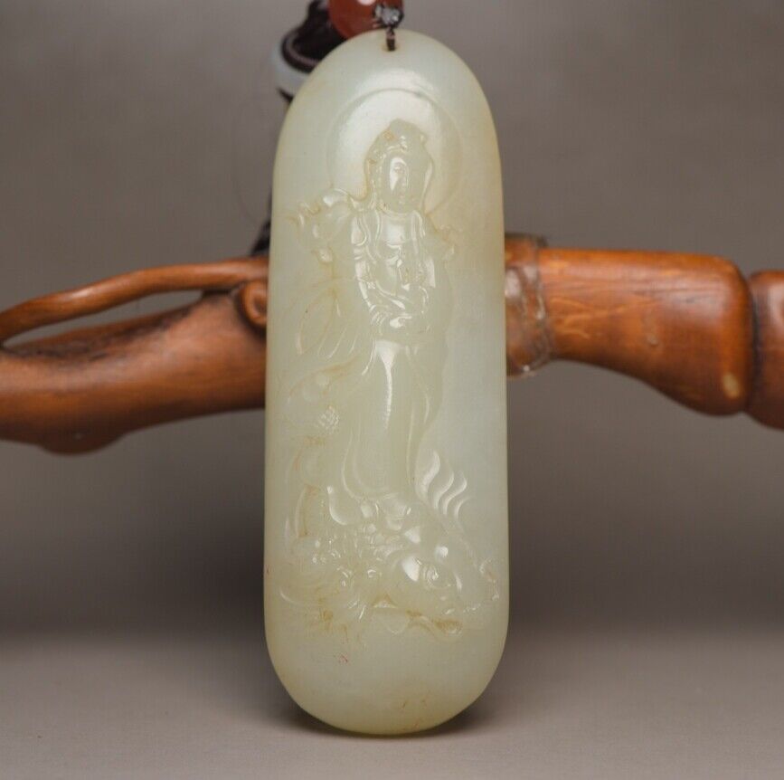 Chinese Top Natural Hetian Jade Carved Kwan Yin Statue Good Luck Pendant Jewelry