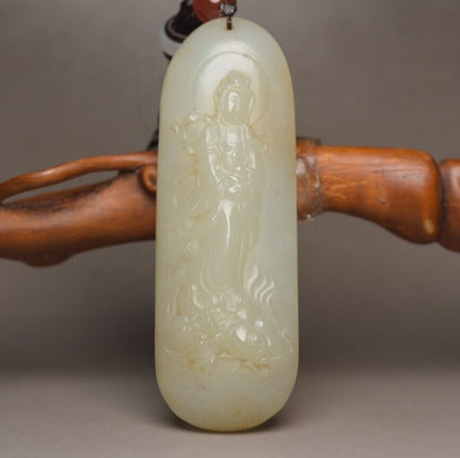Chinese Top Natural Hetian Jade Carved Kwan Yin Statue Good Luck Pendant Jewelry