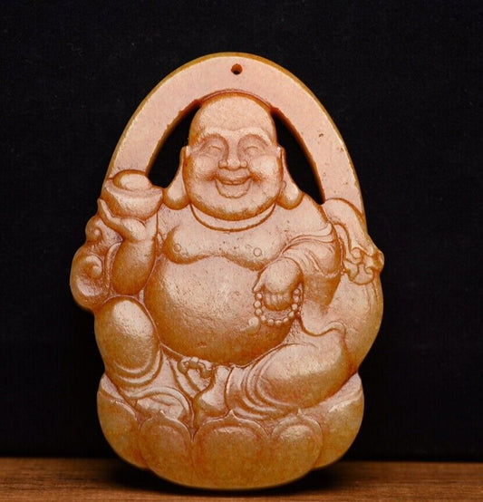 Chinese Natural Hetian Jade Carved Laughing Buddha Statues Lucky Pendant Jewelry