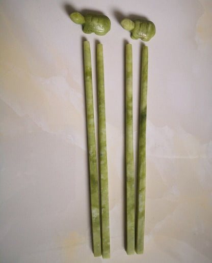 2 Pair Nephrite Spinach Natural Jade Vintage Chopsticks+bracket