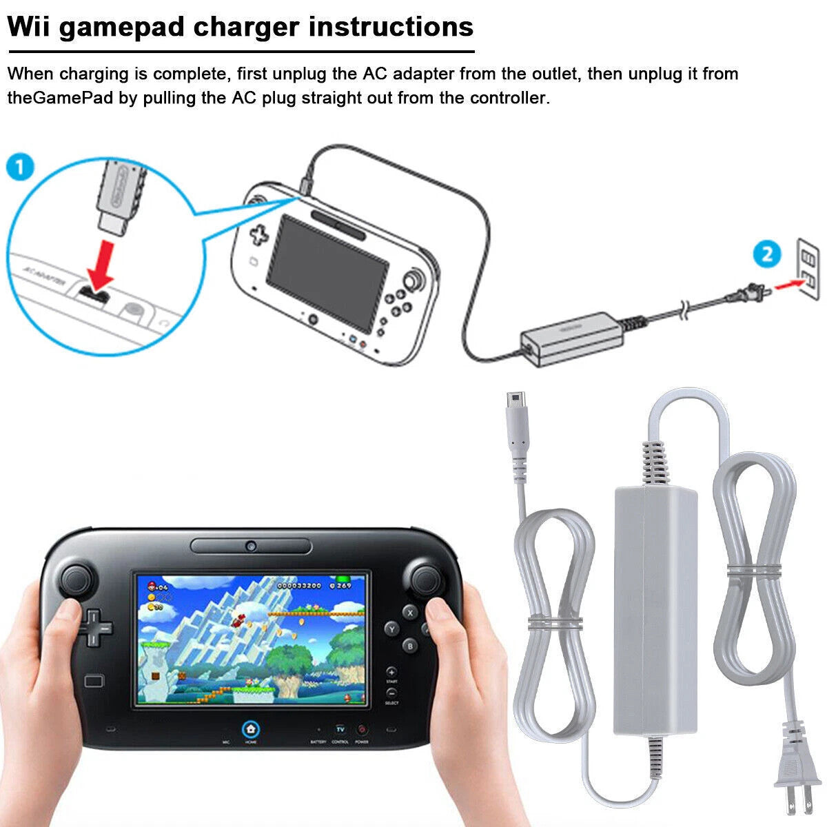 AC Power Supply Charging Adapter Cable Charger For Nintendo Wii U GamePad Lot