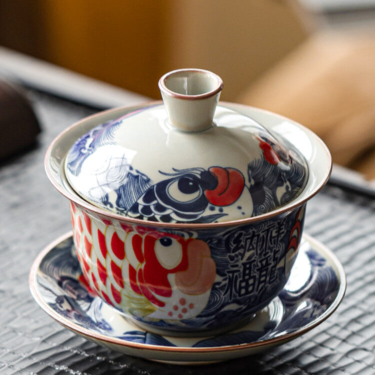 Blue and White Fish Bowl Tea Cup Tea Bowl with Cover Ceramic Home Tea Tea Set