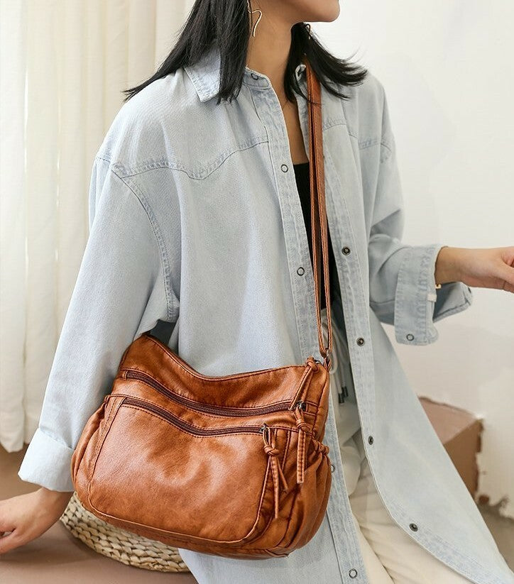 Women's Vintage Leather Purse Shoulder Bag Multiple Pockets Cross Body Handbag