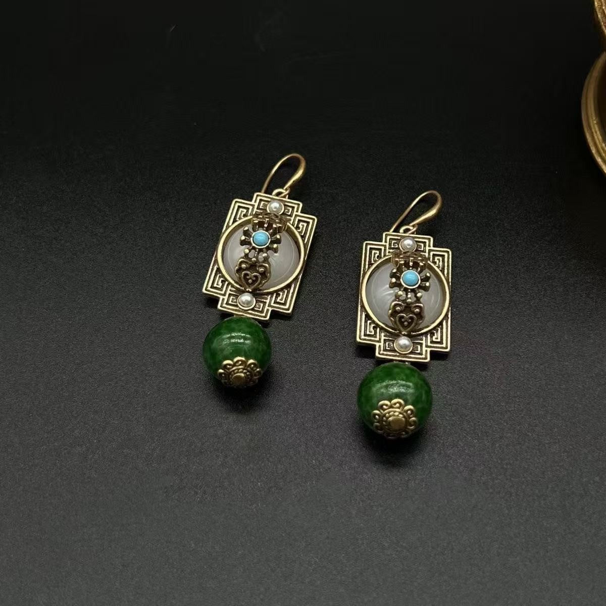 Vintage Chinese Filigree Earrings Green Bead Safety Lock Drop Dangle Jewelry