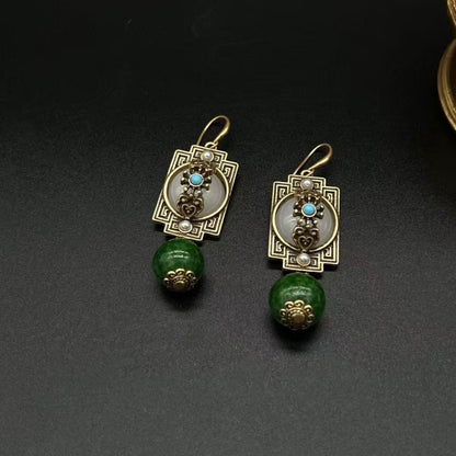 Vintage Chinese Filigree Earrings Green Bead Safety Lock Drop Dangle Jewelry