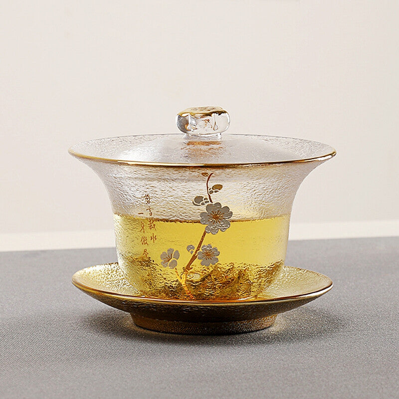 Creative Gaiwan Glass Tureen Sancai Bowl Cup Saucer Lid Teaware Floral Print New