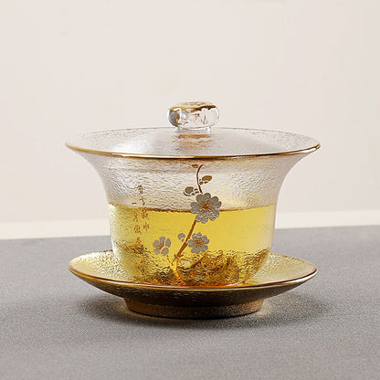 Creative Gaiwan Glass Tureen Sancai Bowl Cup Saucer Lid Teaware Floral Print New