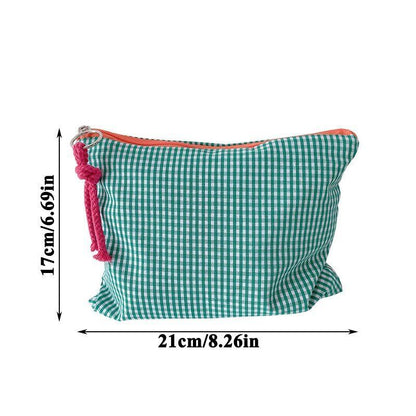 Plaid Makeup Cotton Linen Cosmetic Bag Zipper Pouch Storage Bags 21*17 CM Square