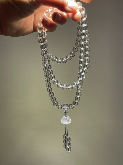Natural White Crystal 8mm 108 Beads Mala Bracelet Lotus Pendant Unisex Prayer