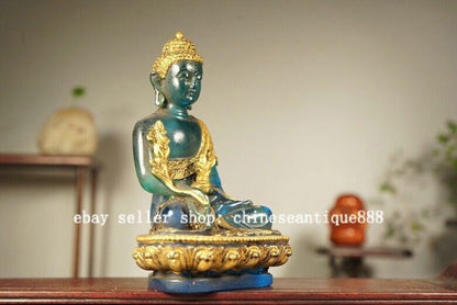 5'' Old Tibet Colored Glaze Gilt Menla Medicine Buddha Medical God Lotus Statue