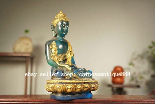 5'' Old Tibet Colored Glaze Gilt Menla Medicine Buddha Medical God Lotus Statue