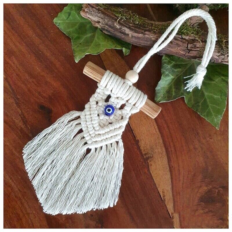 Wall Hanging Macrame Lucky Eye Glass Blue Turkish Pendant Handmade Decor 8x20cm