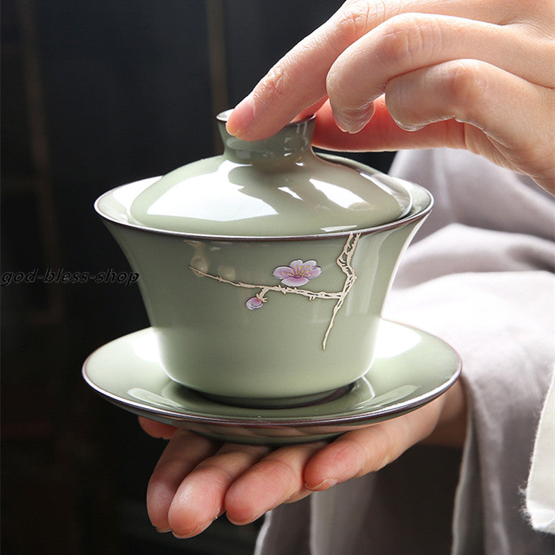 Yuanyao Craft Gaiwan Porcelain Tureen Handpainted Floral Covered Bowl With Lid