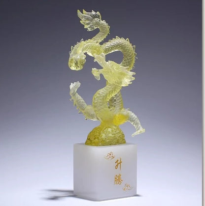 9" Chinese Liu Li Feng Shui Decor Crystal Dragon Statue Office