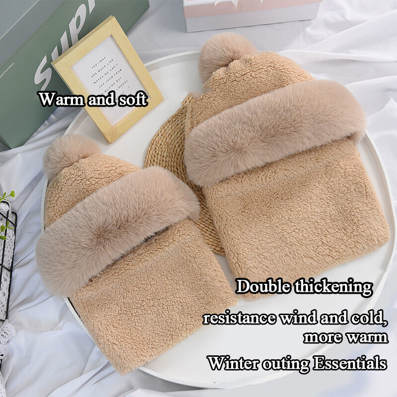 Women Warm Plush Velvet Hats Hooded Thick Scarf Caps Neck Warmer Pullovers Hat
