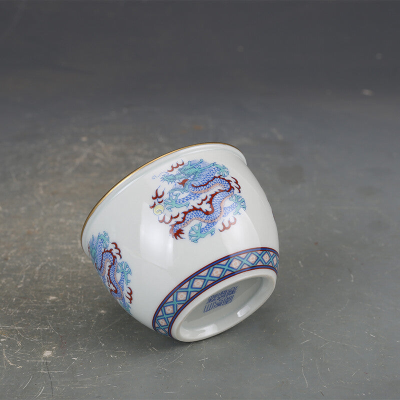 3" Chinese Qing Doucai Contrasting Colors Porcelain Animal Dragon Tree Cup