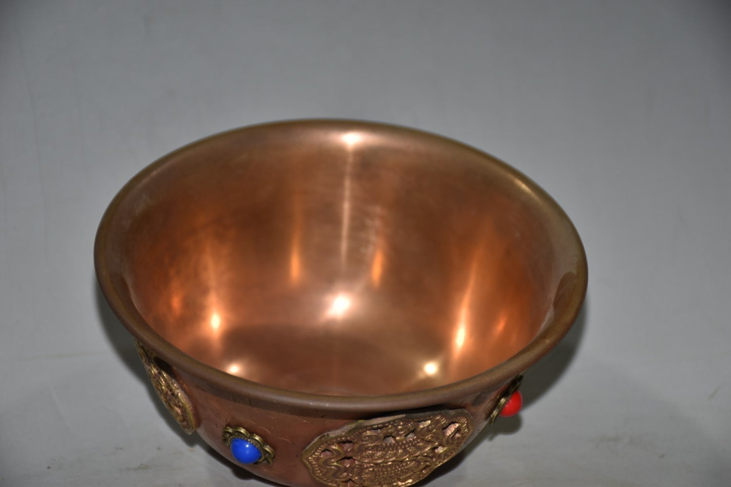 Vintage Nepalese Red Copper Bowl 4.92×2.17in Inlaid Gem 162g Butter Tea Cup